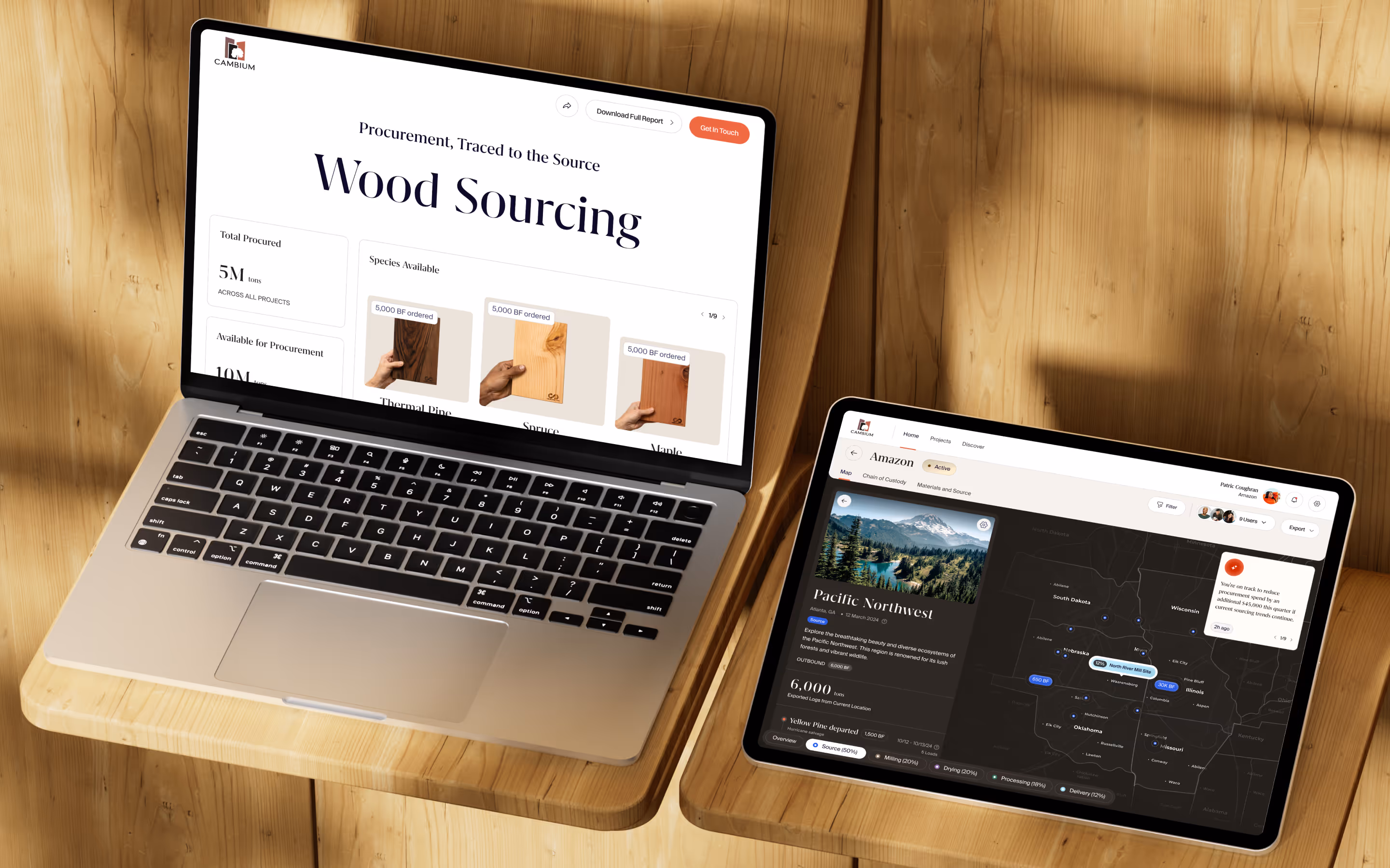 Responsive interface designs shown across different screen sizes.