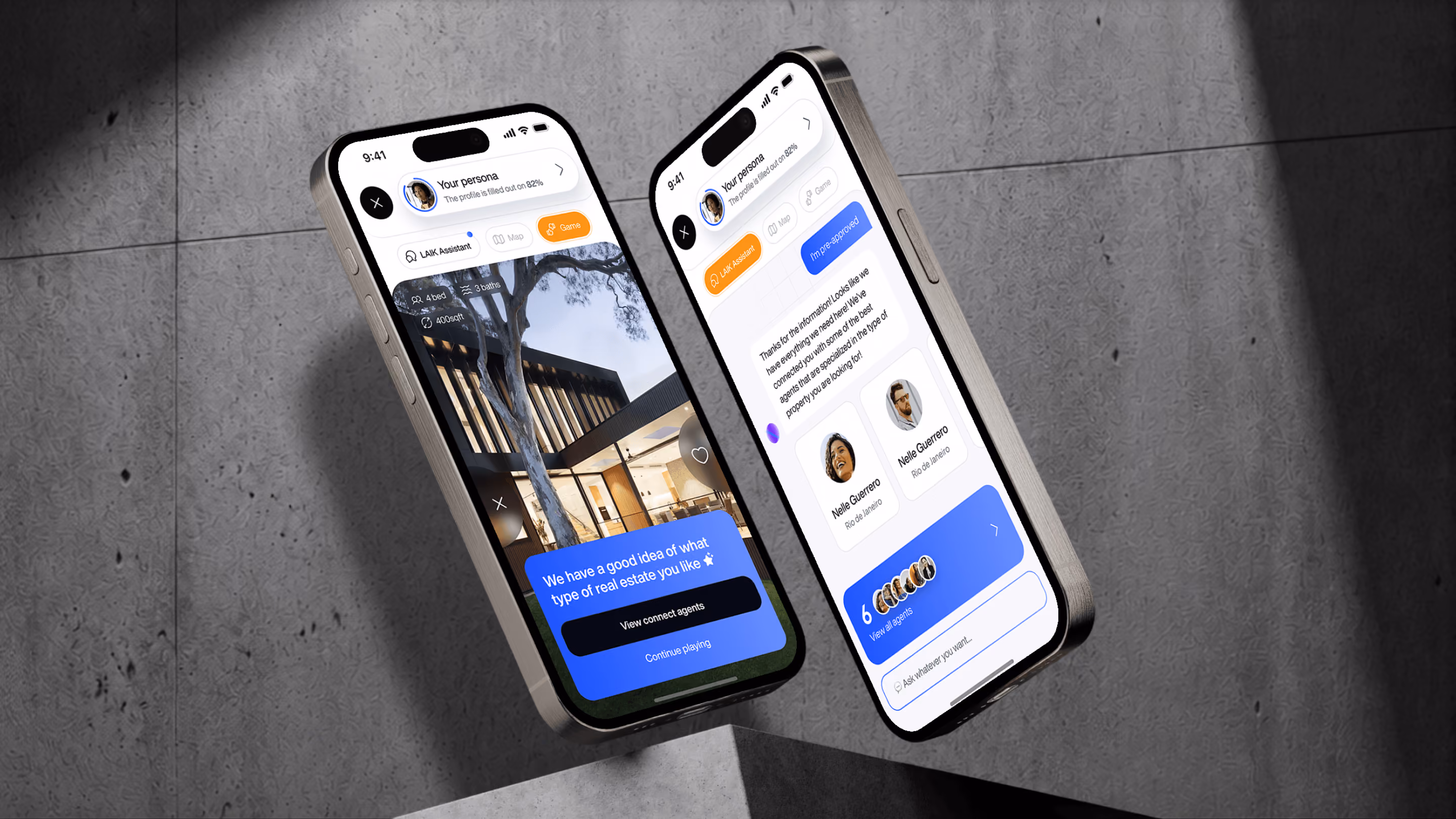 Two iPhones displaying the same app interface, showcasing their features and functionality side by side.