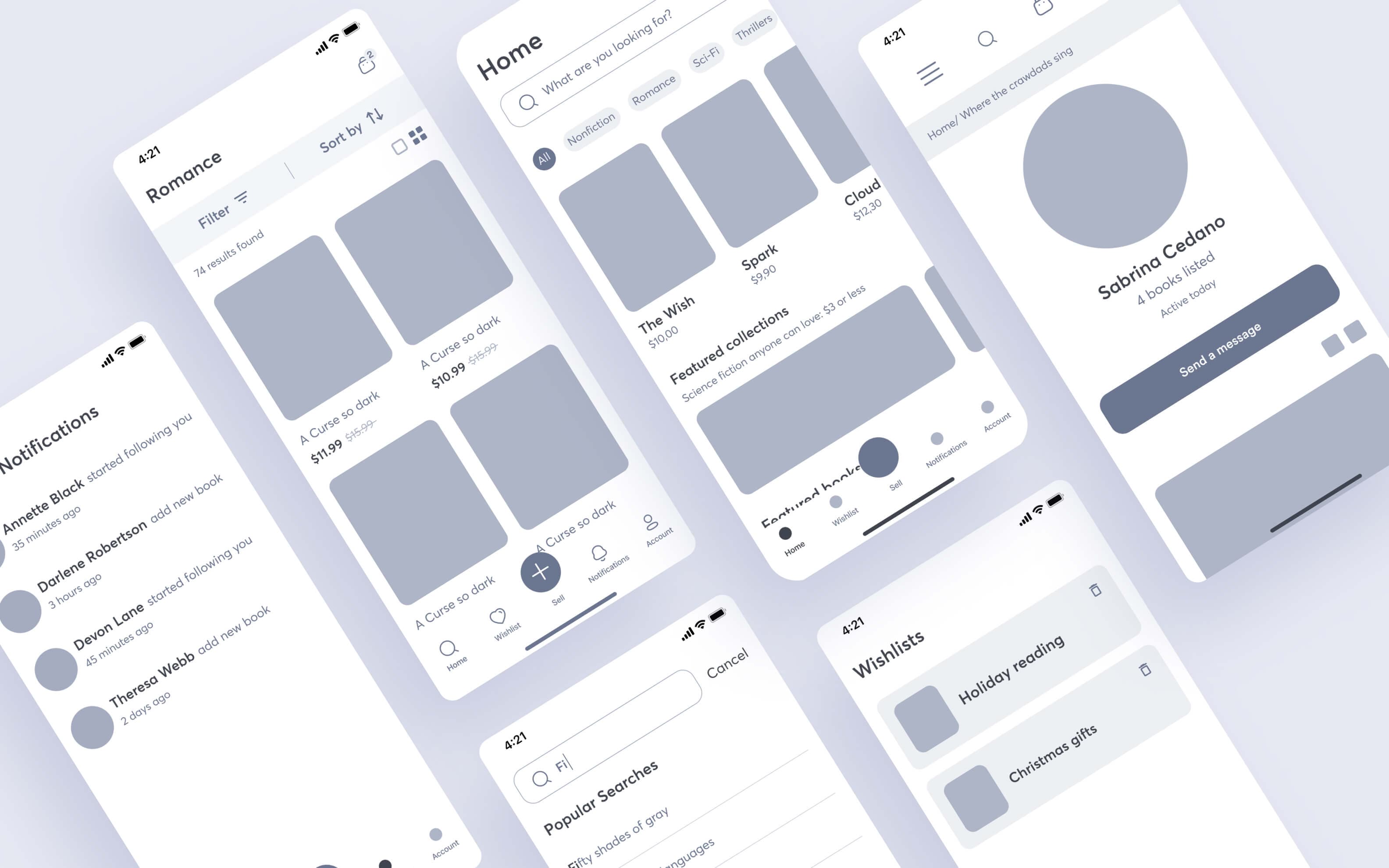 A collection of four mobile screens displaying various app interfaces, showcasing diverse functionalities and designs.