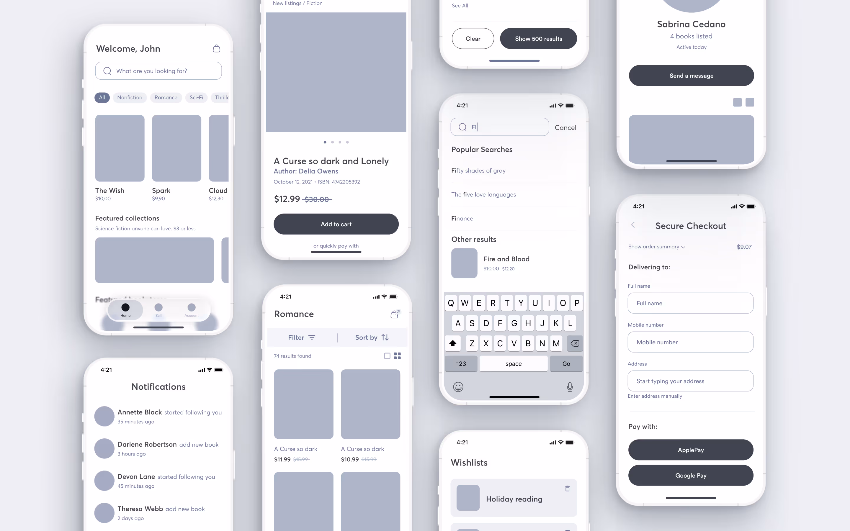 A collection of mobile app screens showcasing various design elements and user interface features.