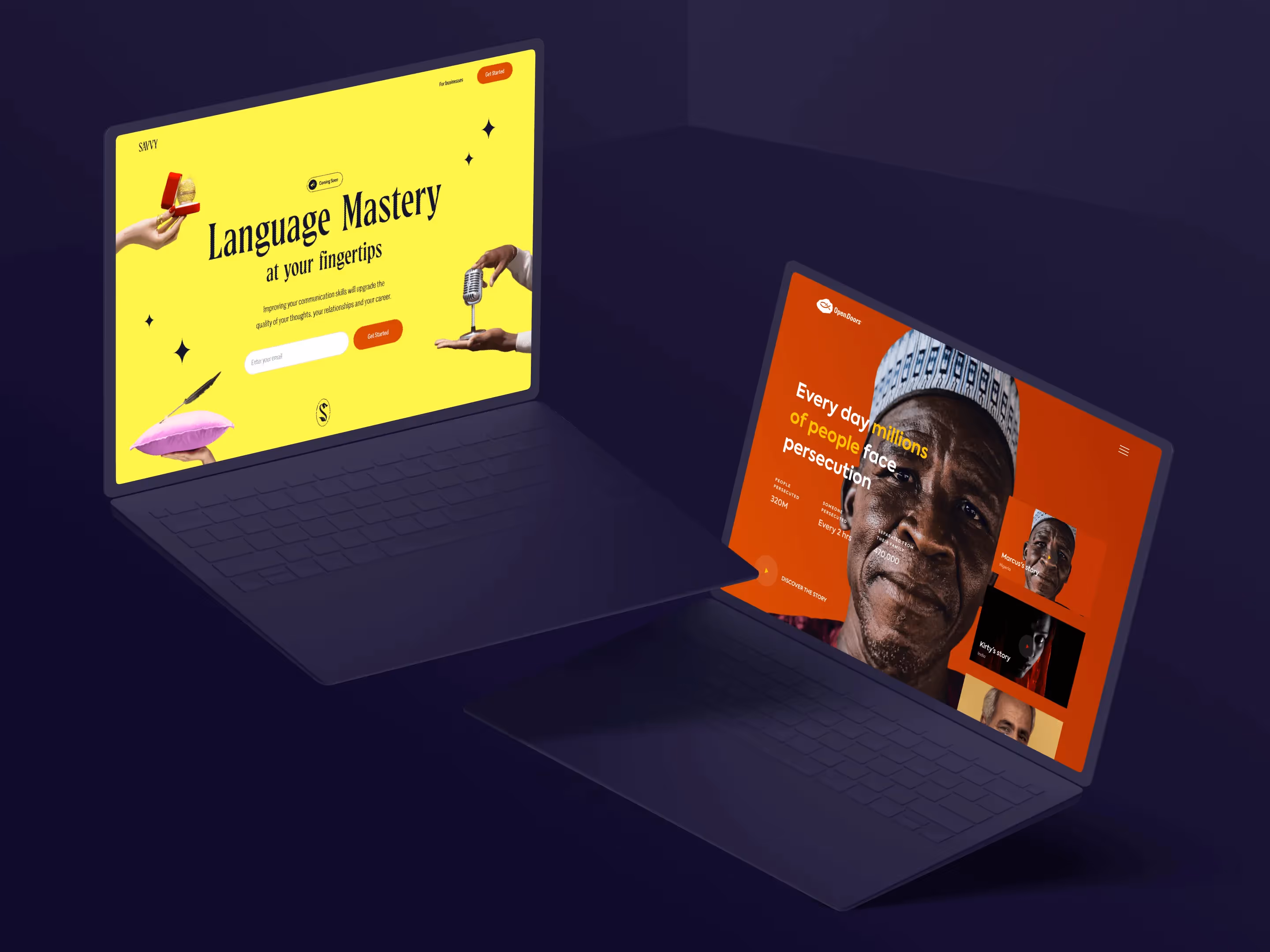 A pair of laptops featuring the term "language," representing technology's role in language education and interaction.