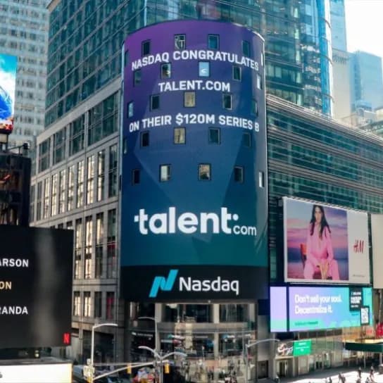 The first listing on the New York Stock Exchange is achieved by Talent.com, highlighting its prominent position in the market.