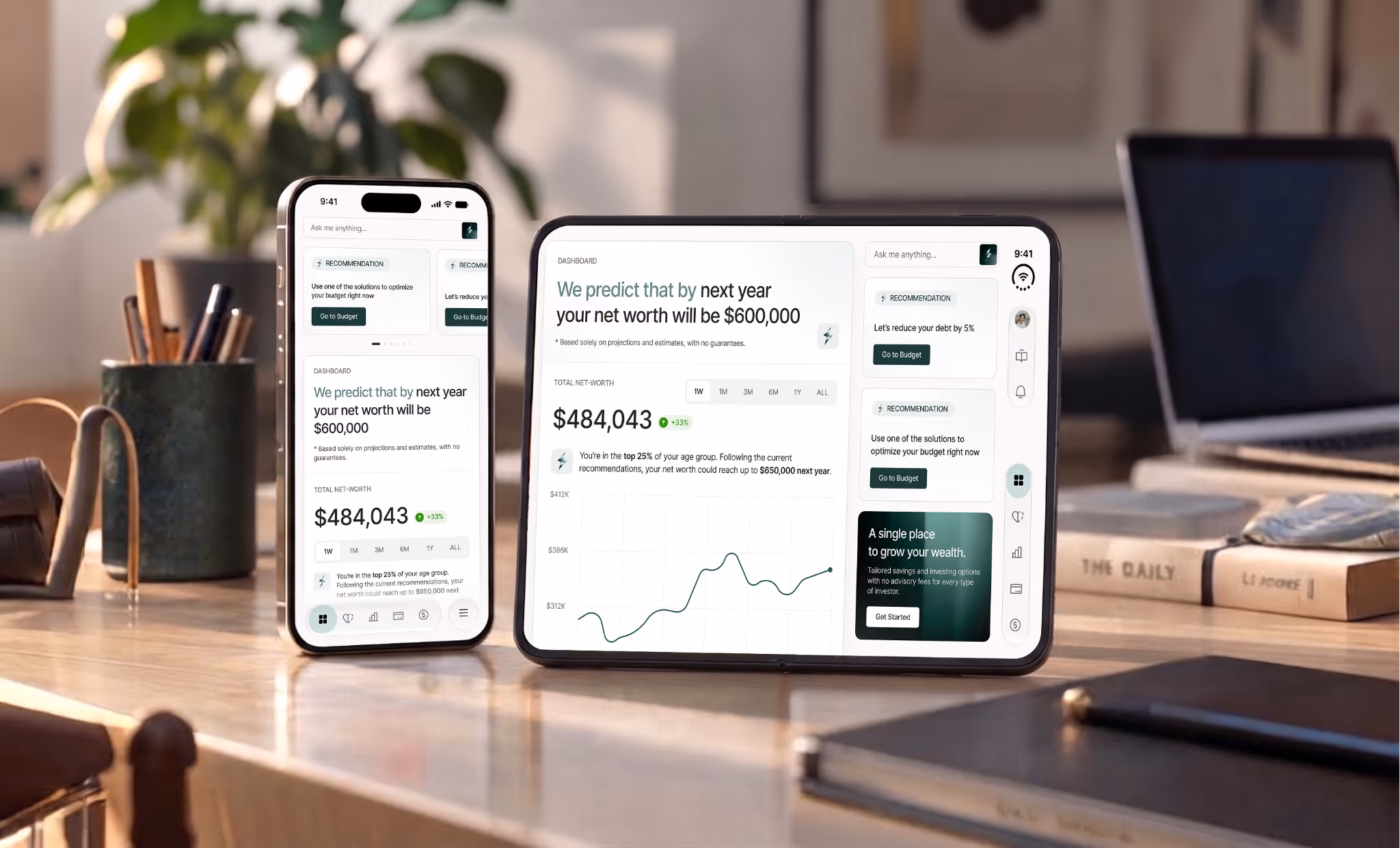 Finance dashboard adapted from a phone layout to an open iPhone Duo layout.