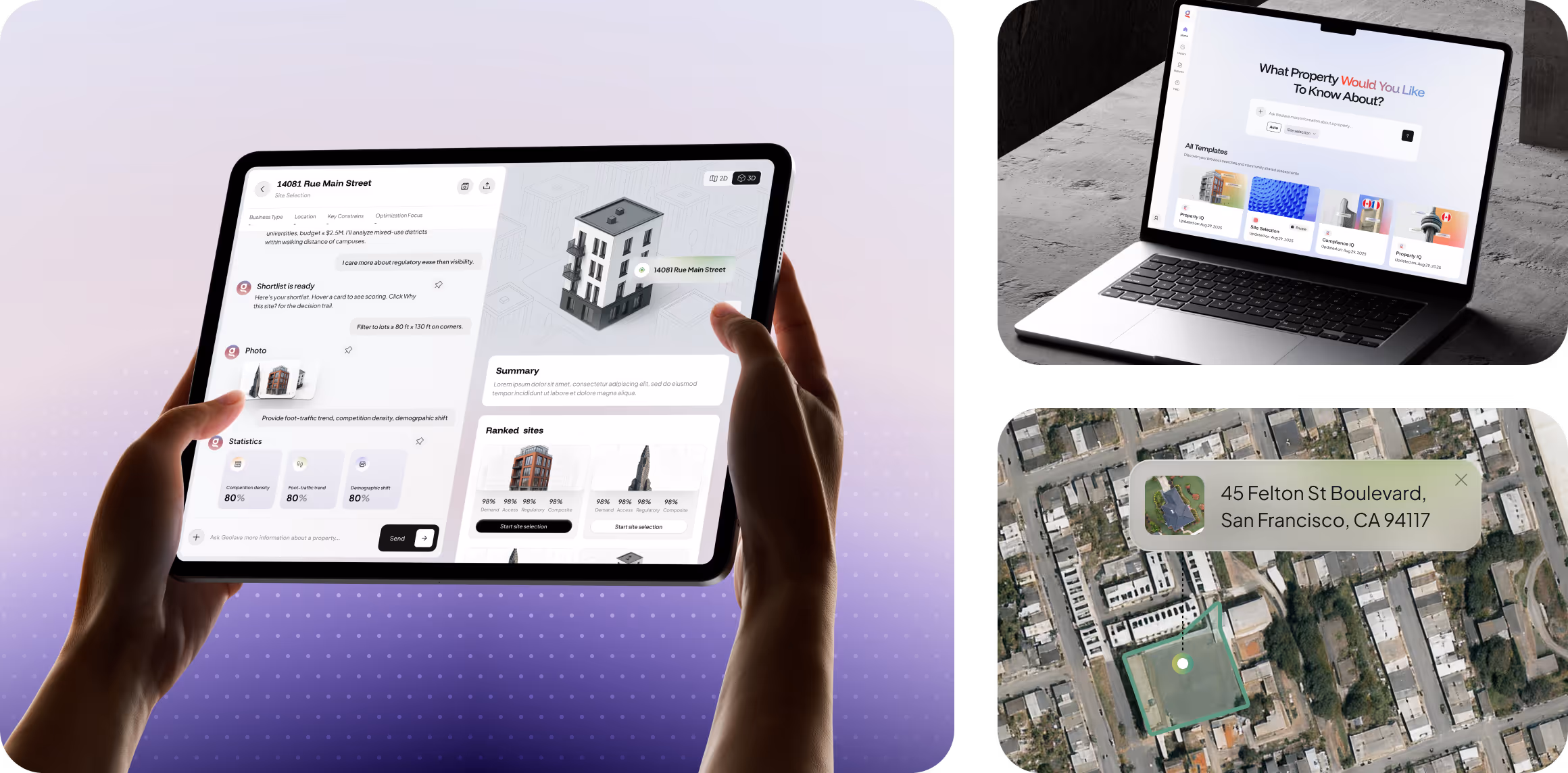 A computer monitor, phone, and tablet arranged on a vibrant purple background, showcasing modern technology.
